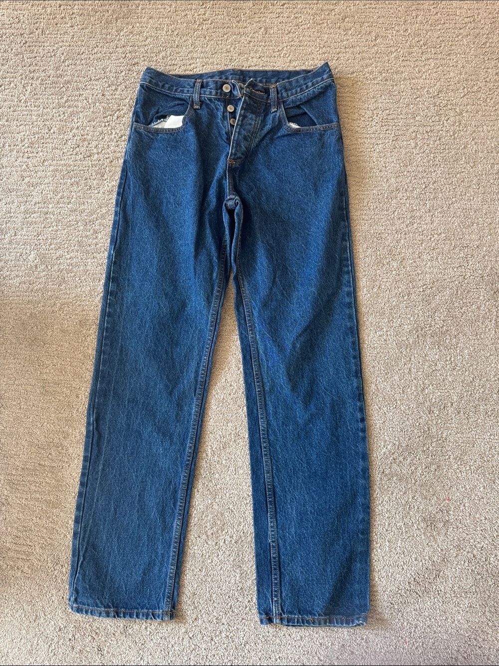 Men's Straight Fit Dark Blue Denim Jeans with Button Fly